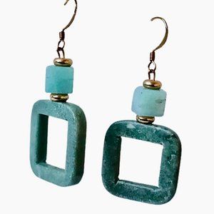 Jade Square Hoop Earrings Dangle Drop Hook French Wires Pierced Ears